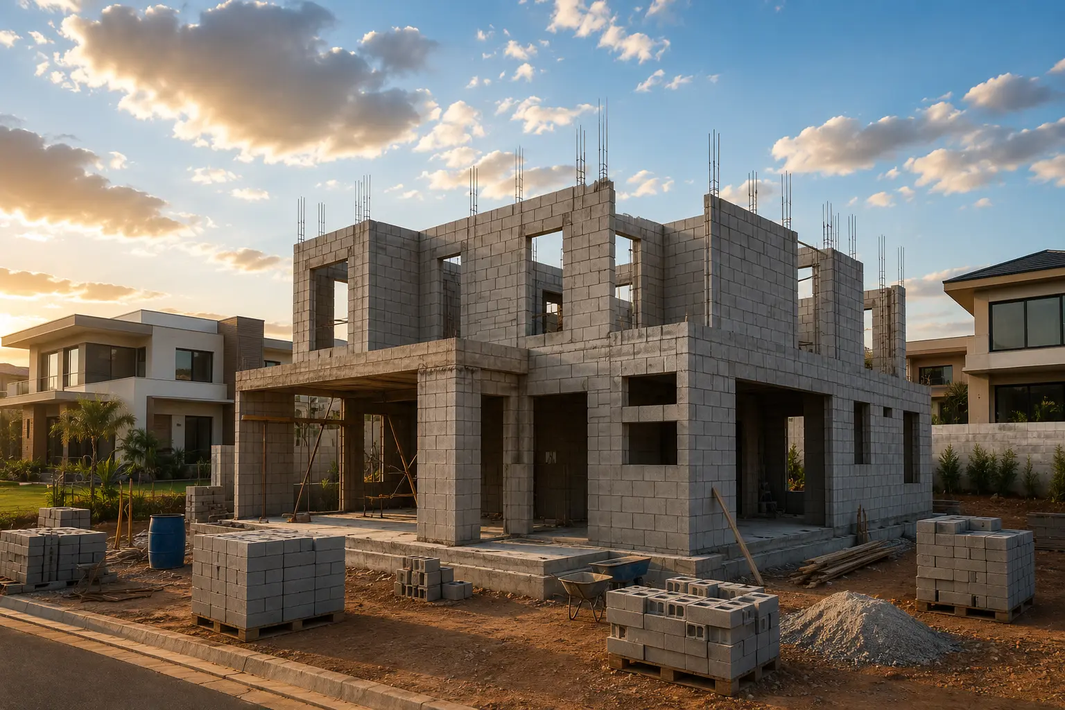 Casa em construção com paredes de blocos em alvenaria estrutural