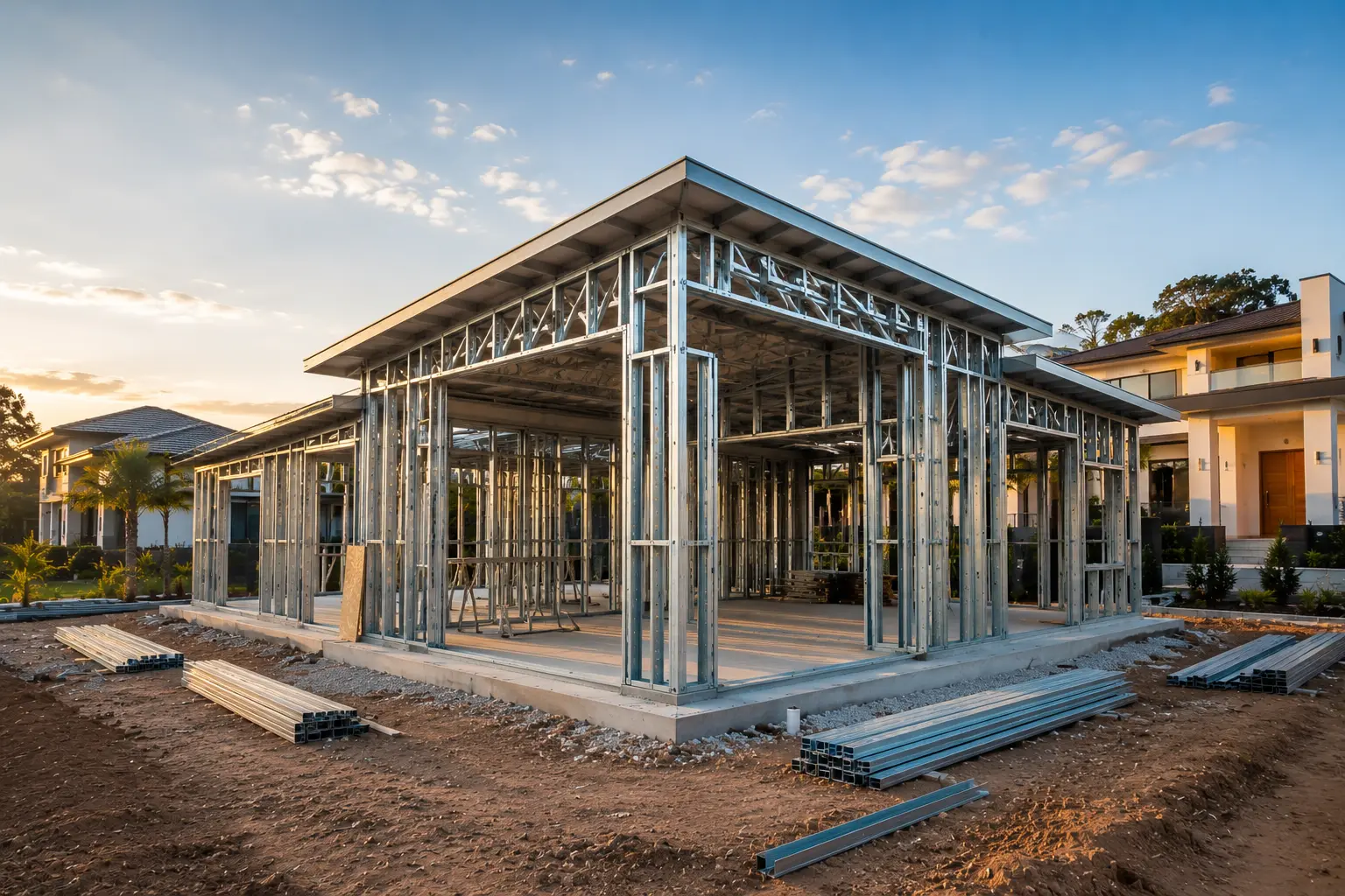 Estrutura de casa em perfis de aço galvanizado, sistema light steel frame