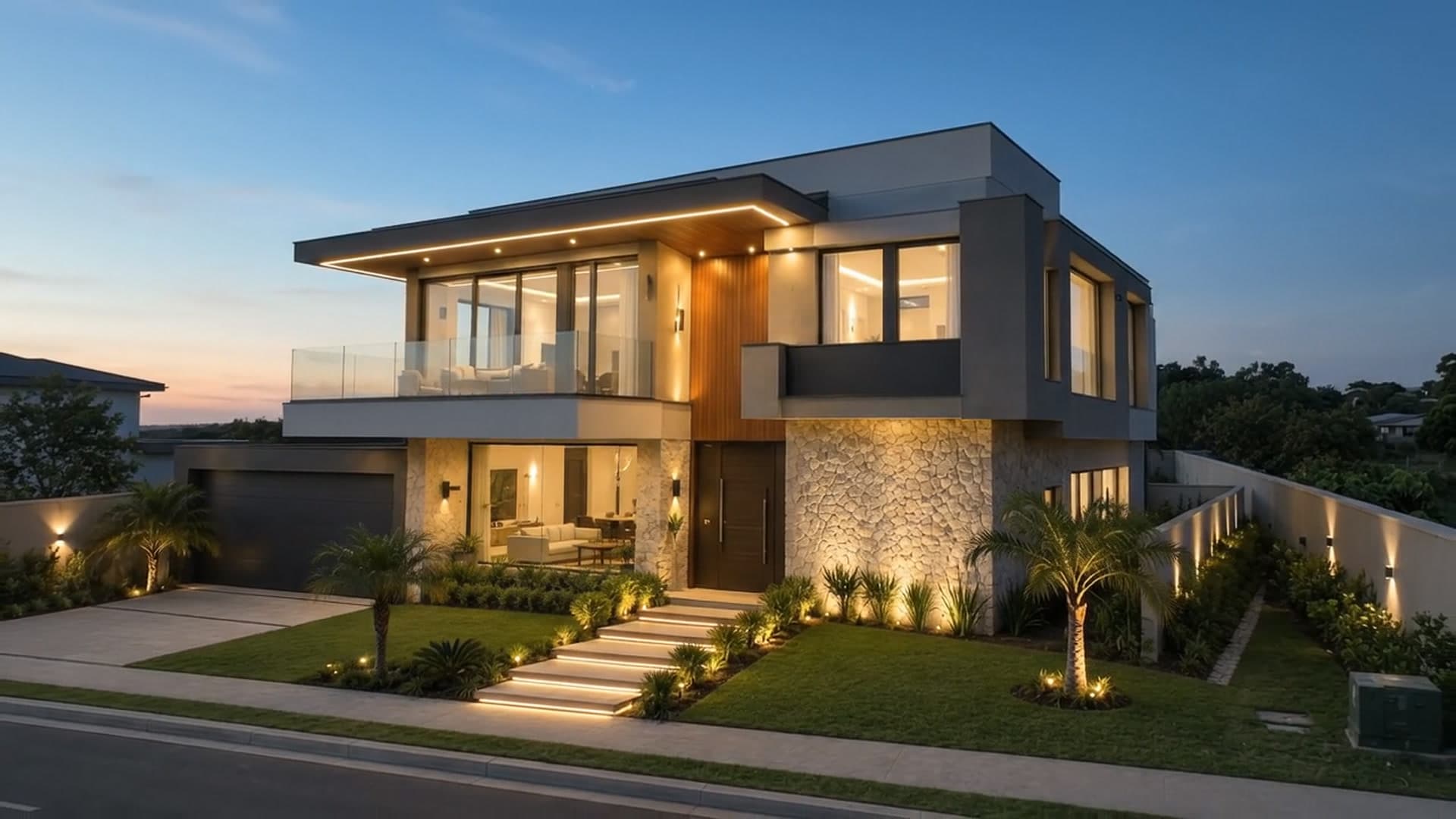 Casa moderna de dois pavimentos construída pela Monobuild, iluminada ao anoitecer