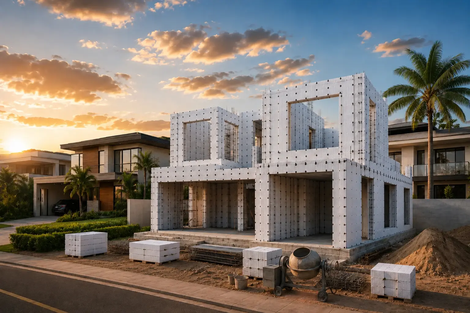 Casa em construção com paredes em painéis de EPS monolítico