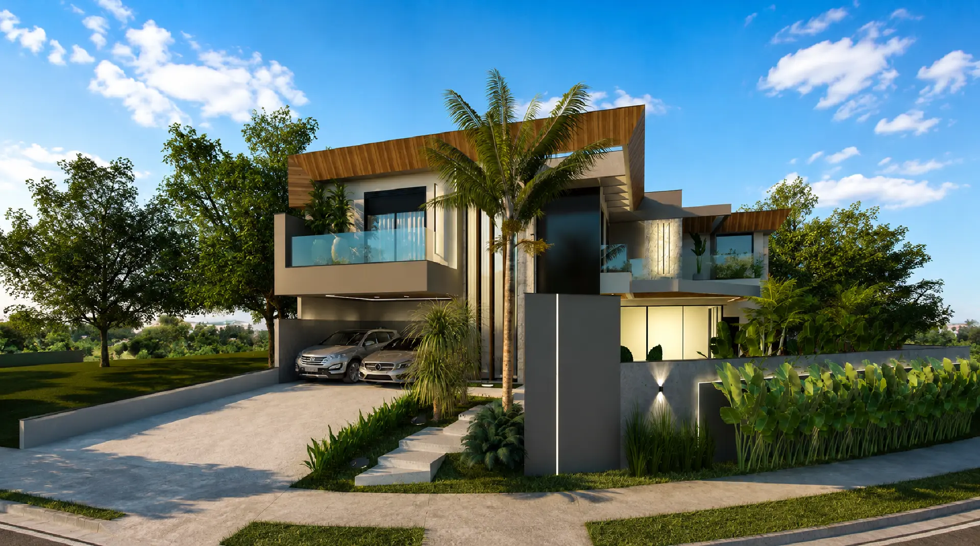 Casa residencial moderna com fachada em madeira e vidro