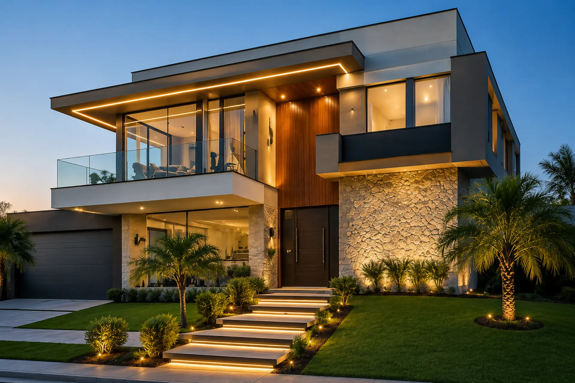 Fachada de casa moderna com varanda de vidro e iluminação embutida