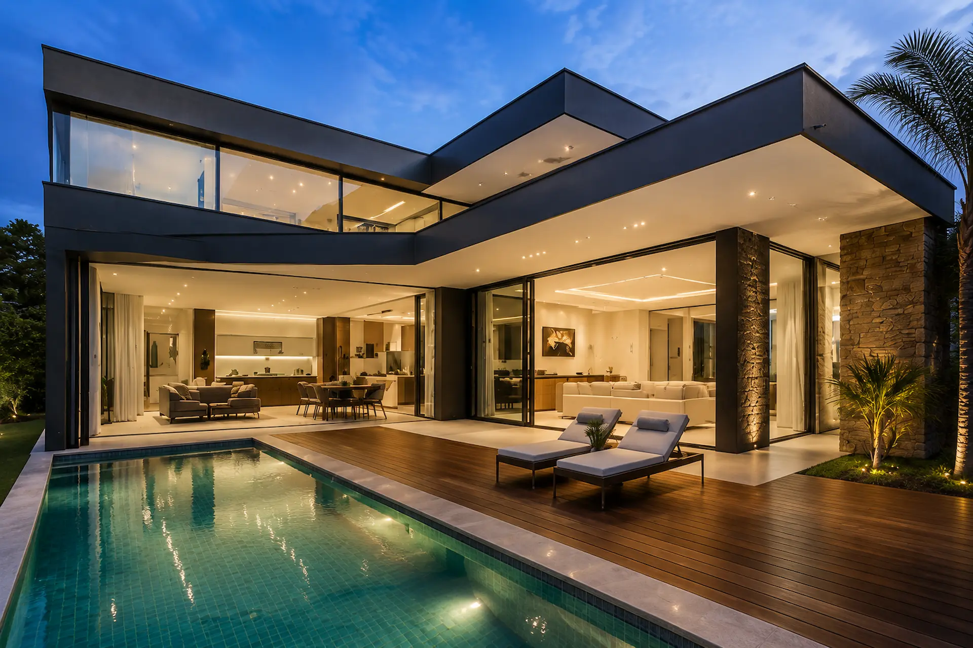 Casa moderna com piscina e deck iluminados à noite