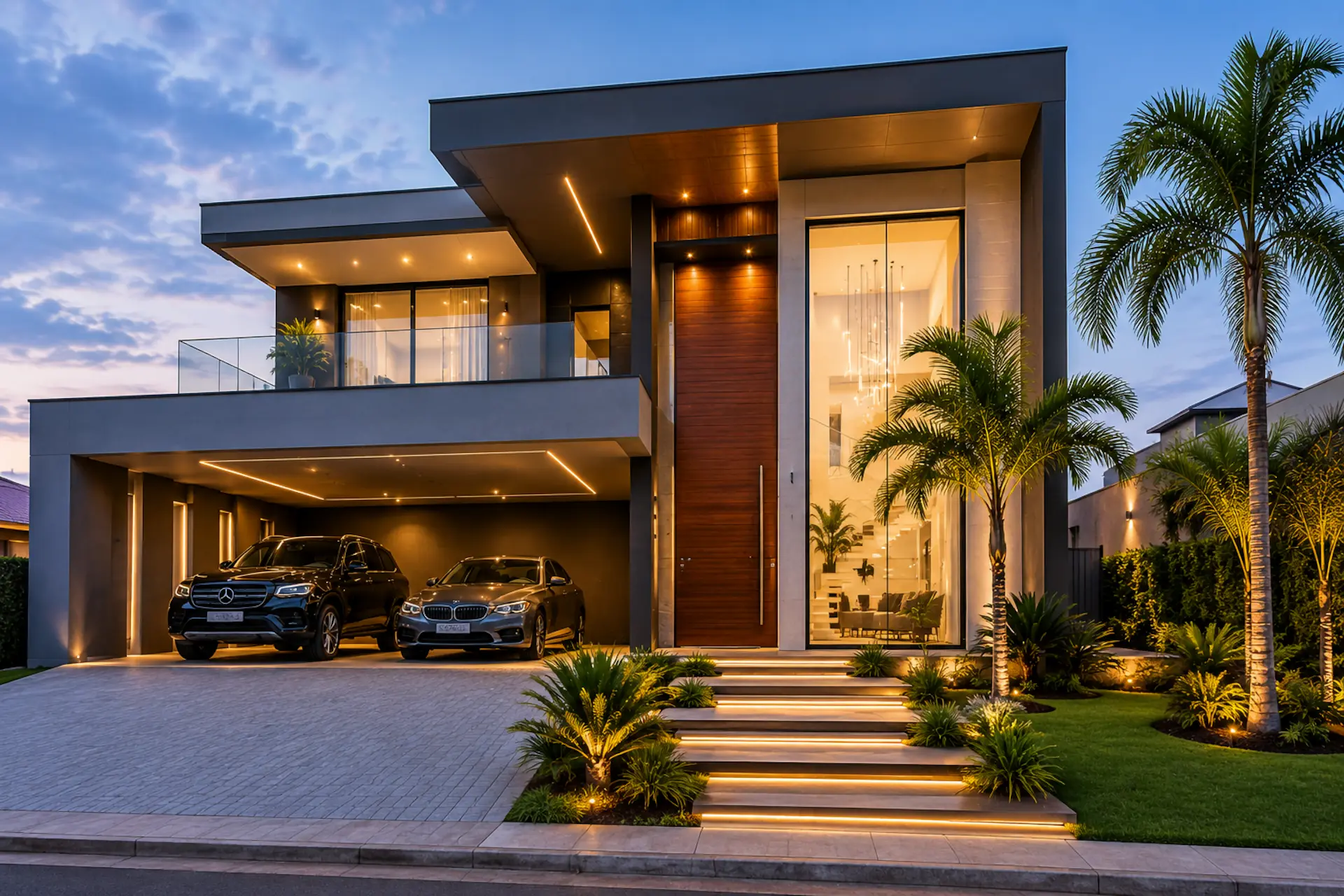 Fachada de casa moderna com garagem e jardim iluminados ao anoitecer